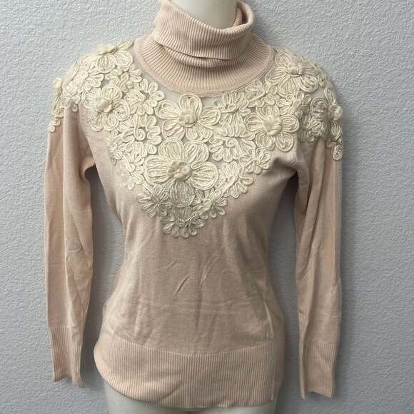 Boston Proper -Flower Embroidered Turtleneck Sweater Size XS - Picture 1 of 3